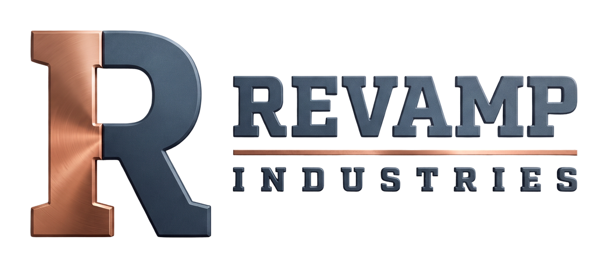 Revamp Industries lockup: a copper and mineral-blue letter R beside the wordmark.